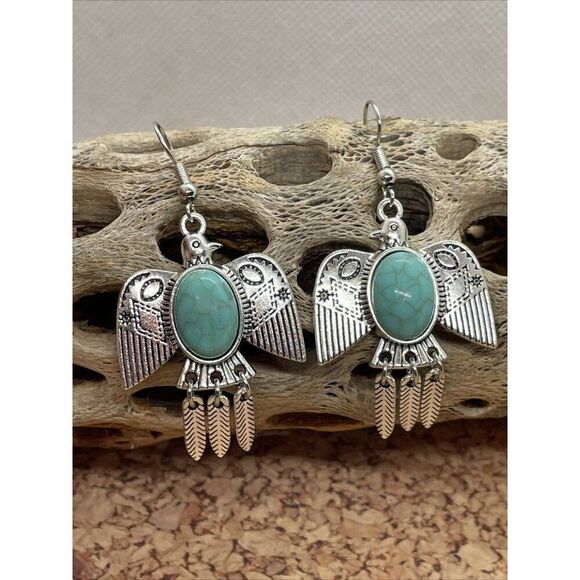 TREASURE Jewelry - SILVER THUNDERBIRD T-BIRD EARRINGS SOUTHWEST WESTERN AZTEC BIRD Feather Long